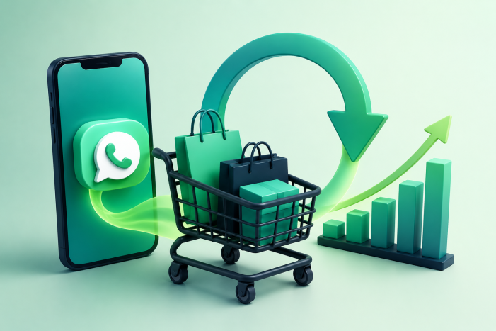 Ilustración 3D de un carrito de compras conectado a WhatsApp mediante inteligencia artificial, mostrando automatización de recuperación de ventas y crecimiento en eCommerce.