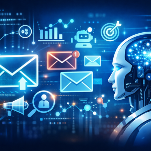 “Ilustración de un concepto de email marketing impulsado por inteligencia artificial, con sobres y circuitos digitales representando automatización y tecnología”