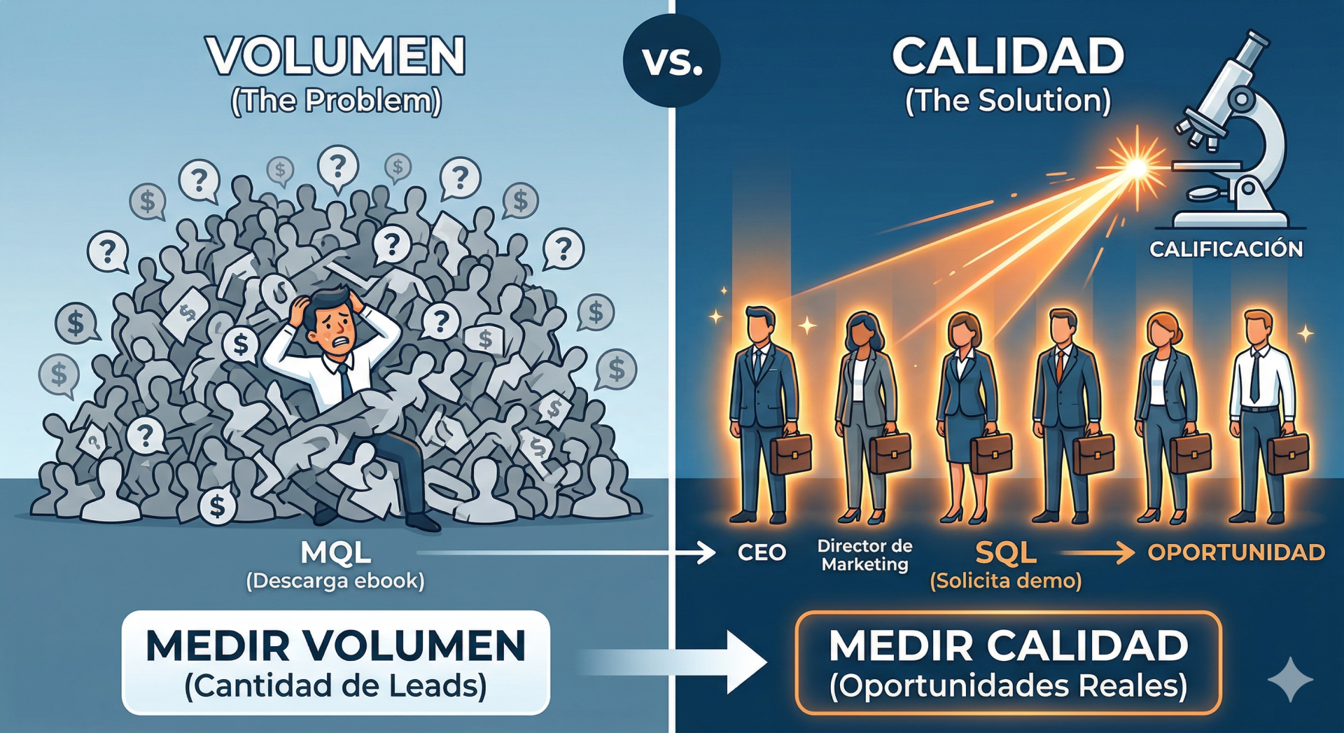 Una comparativa visual dividida en dos paneles. A la izquierda, bajo el título "Volumen (El Problema)", un profesional abrumado por una montaña de leads genéricos (MQLs) que solo descargaron un ebook. A la derecha, bajo "Calidad (La Solución)", una fila de perfiles cualificados (CEOs, Directores de Marketing) identificados como Oportunidades Reales tras un proceso de calificación. El gráfico enfatiza que más leads no significan más ventas si no hay calidad.