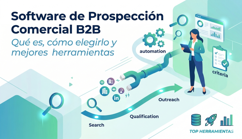 "Ilustración digital sobre software de prospección comercial B2B que muestra un embudo de ventas moderno, iconos de automatización, búsqueda de prospectos y análisis de datos, con una profesional de ventas gestionando herramientas digitales."