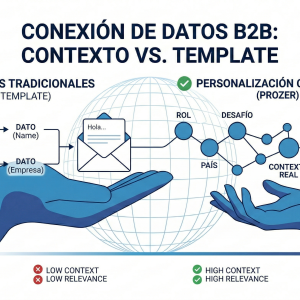Un diagrama de esquema minimalista, 700x400 px, en la gama de azules de PROZER. Compara dos flujos de mensajería B2B. A la izquierda, "MODELOS TRADICIONALES (TEMPLATE)" (azul claro) muestra un cubo de plantilla genérica conectado a 'DATO (Name)' y 'DATO (Empresa)', resultando en un email estándar "Hola..." con iconos de 'BAJO CONTEXTO' y 'BAJA RELEVANCIA'. A la derecha, "PERSONALIZACIÓN CONTEXTUAL (PROZER)" (azul oscuro) muestra una cadena de nodos inteligentes interconectados para 'ROL', 'DESAFÍO', 'PAÍS' y 'CONTEXTO REAL', resultando en un email glowing y adaptado con iconos de 'ALTO CONTEXTO' y 'ALTA RELEVANCIA'. El esquema visualiza la diferencia entre interpolar variables y generar relevancia.