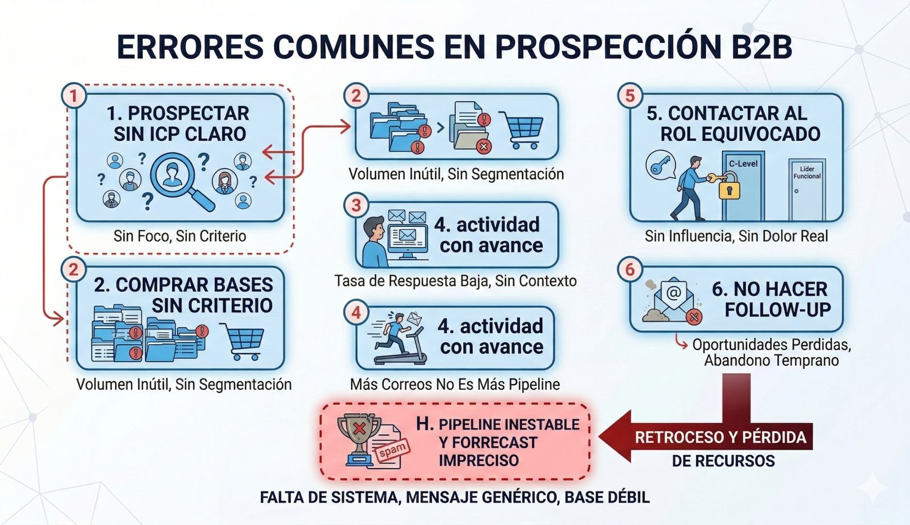 Un diagrama de flujo profesional y moderno que ilustra una serie de errores comunes en la prospección B2B, basado en la estética de los diagramas anteriores. El título en la parte superior es "ERRORES COMUNES EN PROSPECCIÓN B2B". Presenta una columna central de seis recuadros azules numerados con bordes de línea punteada y acentos rojos para indicar fallos. Cada recuadro describe un error específico: '1. PROSPECTAR SIN ICP CLARO', '2. COMPRAR BASES SIN CRITERIO', '3. MENSAJES GENÉRICOS', '4. CONFUNDIR ACTIVIDAD CON AVANCE', '5. CONTACTAR AL ROL EQUIVOCADO', y '6. NO HACER FOLLOW-UP'. En la parte inferior, una flecha de gradiente rojo oscuro labeled como 'RETROCESO Y PÉRDIDA DE RECURSOS' señala hacia un recuadro rojo punteado final que dice 'H. PIPELINE INESTABLE Y FORRECAST IMPRECISO', que incluye un icono de trofeo empañado con una 'X' roja y un sello de 'SPAM'. El fondo es blanco y limpio con conexiones geométricas sutiles.