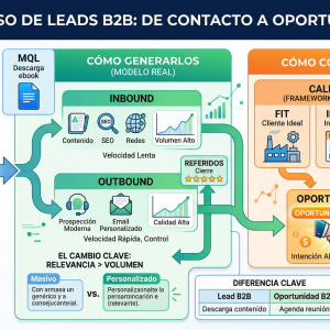 Un diagrama detallado de 700x400 píxeles que visualiza el flujo completo del lead B2B. A la izquierda, define al 'Lead B2B' como un contacto con interés inicial. En el centro, compara los modelos de generación: 'Inbound' (enfocado en volumen y SEO) frente a 'Outbound' (enfocado en calidad y personalización). A la derecha, muestra el proceso de conversión mediante el framework de calificación 'Fit-Intent-Timing', culminando en una 'Oportunidad B2B' con alto impacto comercial y cierre de ventas. Incluye una comparativa de mensajes masivos vs. personalizados y errores comunes como priorizar el volumen sobre el perfil de cliente ideal (ICP).