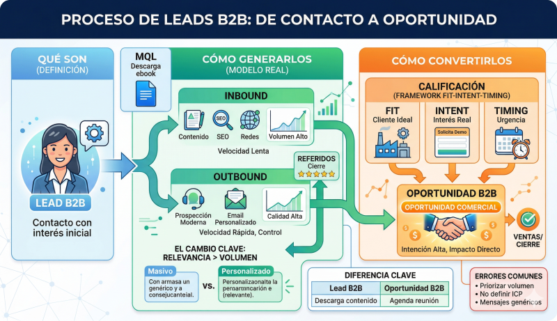 Un diagrama detallado de 700x400 píxeles que visualiza el flujo completo del lead B2B. A la izquierda, define al 'Lead B2B' como un contacto con interés inicial. En el centro, compara los modelos de generación: 'Inbound' (enfocado en volumen y SEO) frente a 'Outbound' (enfocado en calidad y personalización). A la derecha, muestra el proceso de conversión mediante el framework de calificación 'Fit-Intent-Timing', culminando en una 'Oportunidad B2B' con alto impacto comercial y cierre de ventas. Incluye una comparativa de mensajes masivos vs. personalizados y errores comunes como priorizar el volumen sobre el perfil de cliente ideal (ICP).