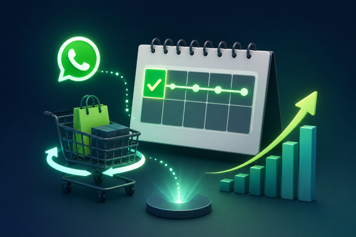 Ilustración conceptual 3D de un sistema de inteligencia artificial recuperando ventas automáticamente en eCommerce mediante WhatsApp, mostrando crecimiento acelerado y activación rápida desde los primeros días.