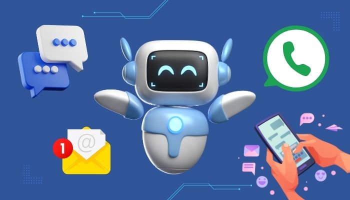 Gráfico de un chatbot con íconos de mensajería, correo electrónico y WhatsApp, junto con una mano utilizando un teléfono móvil.