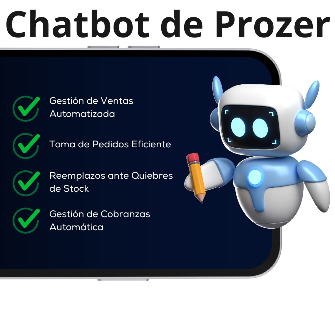 magen de un chatbot para pedidos con un diseño amigable, sosteniendo un lápiz, y una lista de características destacadas, incluyendo gestión de ventas automatizada, toma de pedidos eficiente, reemplazos ante quiebres de stock, y gestión de cobranzas automática.