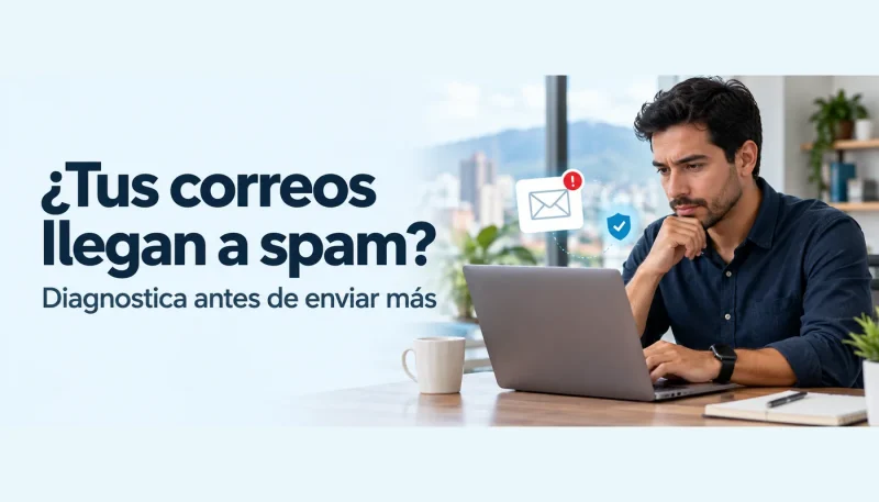 Profesional revisa un problema de entrega de correo junto a iconos de un sobre y un escudo.