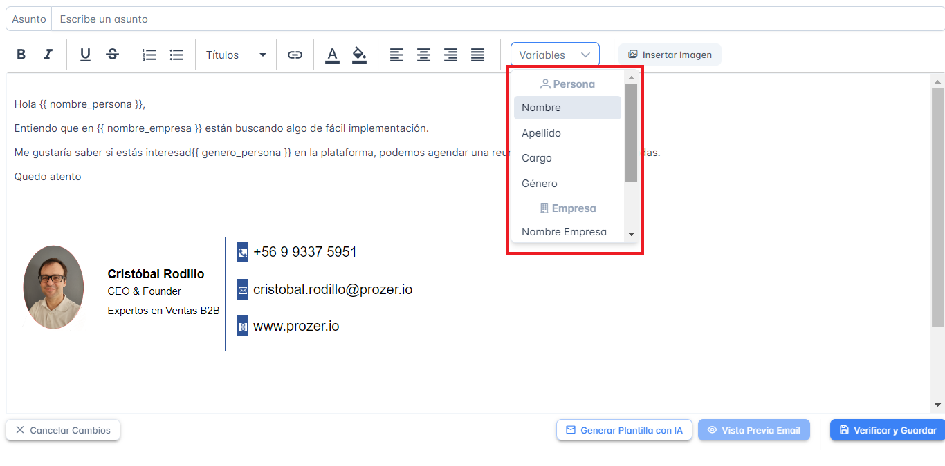 Personalización Dinámica de Plantillas de Correo en Prozer | Software de Prospección Comercial