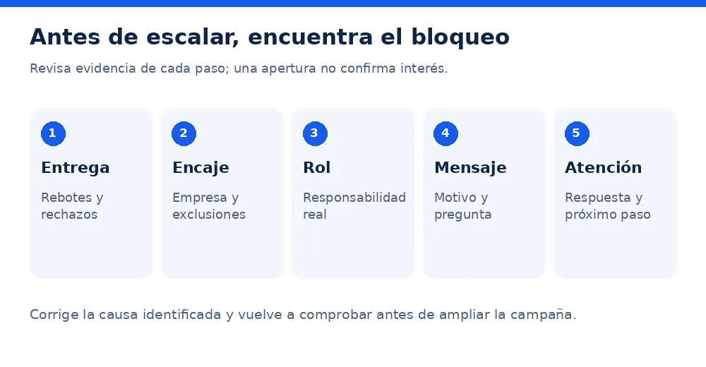 Cinco comprobaciones de una campaña B2B: entrega, encaje, rol, mensaje y atención de respuestas