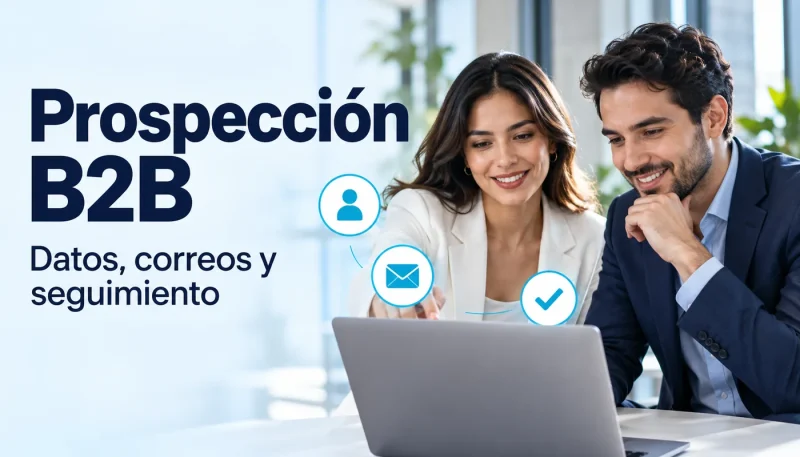 Dos profesionales organizan la prospección B2B en un computador, con iconos de contactos, correos y seguimiento.