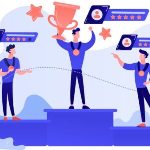 Ilustración de un consultor en el centro del podio sosteniendo un trofeo, simbolizando el éxito en encontrar un lead calificado