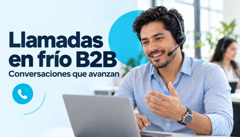 Profesional de ventas con auriculares durante una llamada en frío B2B desde su computador.