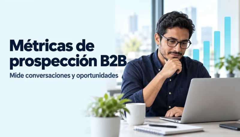 Analista revisa resultados de prospección B2B en un computador con gráficos conceptuales sin cifras.