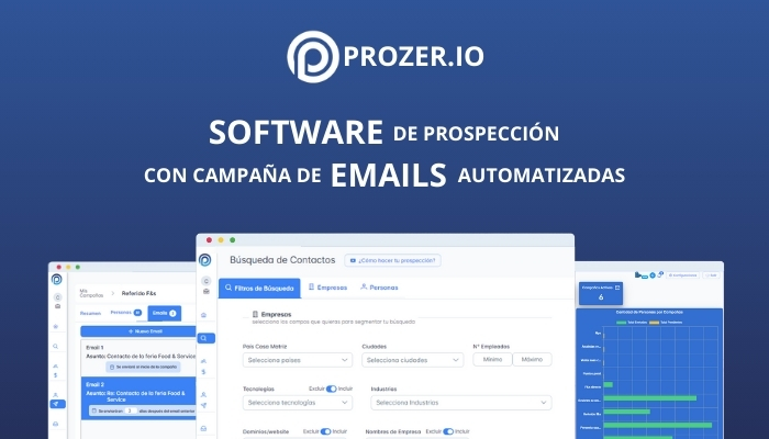 Interfaz del Software de Prospección Comercial de Prozer.io, con campaña de emails automatizados.