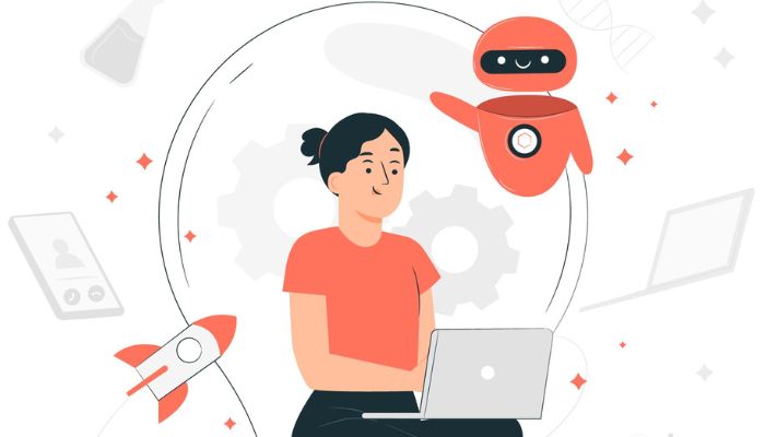 Ilustración de una mujer trabajando en una laptop acompañada de un chatbot de ventas.